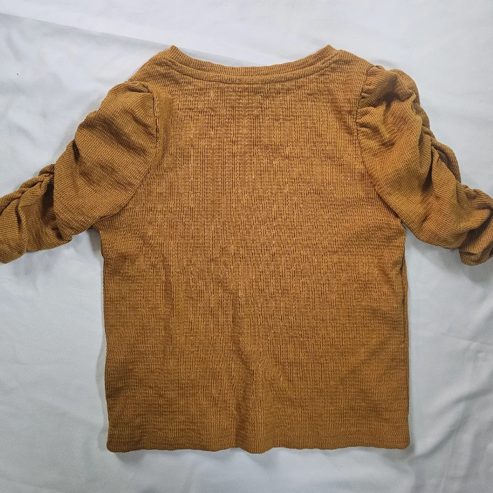 Old Navy Mustard Yellow Ruched 3/4 Puff-Sleeve Textured-Knit Top- M (8) - Picture 6 of 6